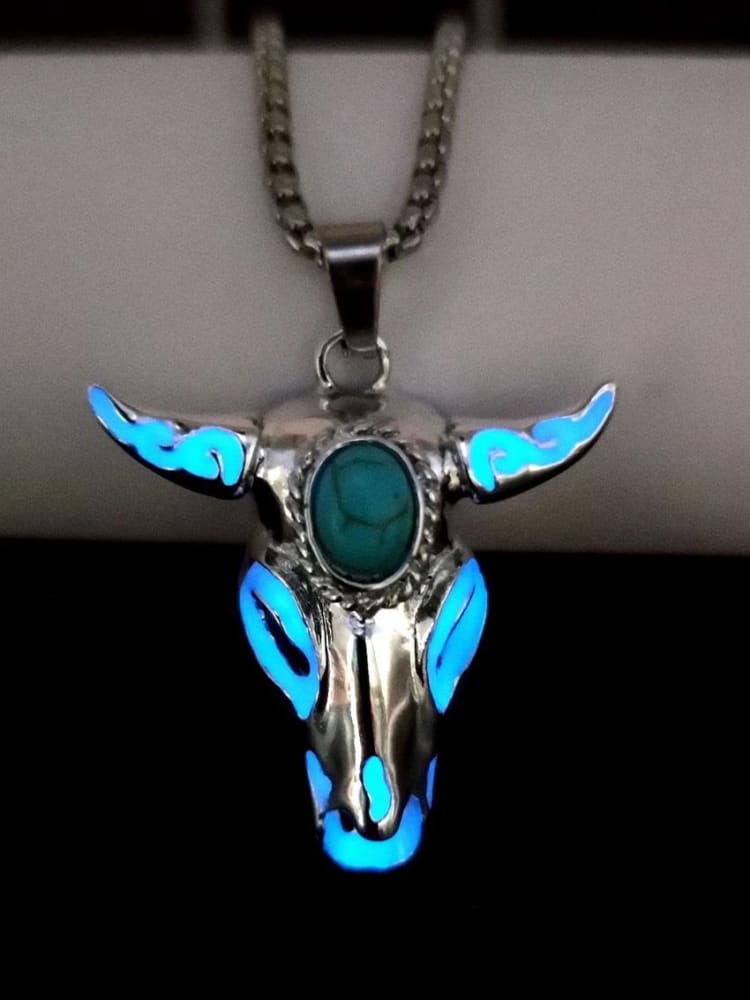 Turquoise Skull Bull Head Stainless Steel Glow Necklace - Image 4