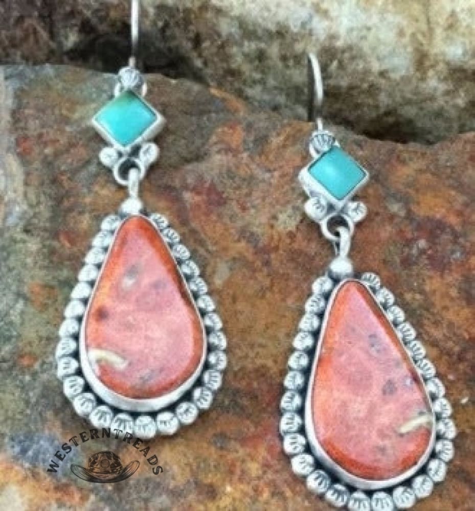 Vintage Pink Turquoise Silver Tear Drop Earrings - Image 2