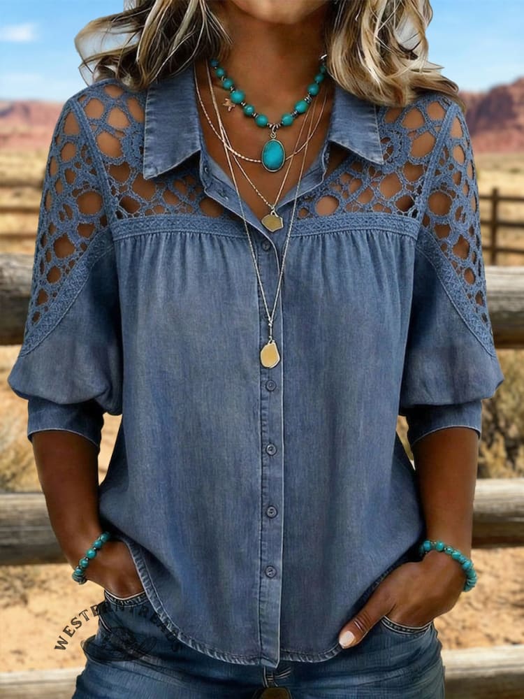Vintage Art Hollowed Out Lace Patchwork Denim Shirt - Image 2