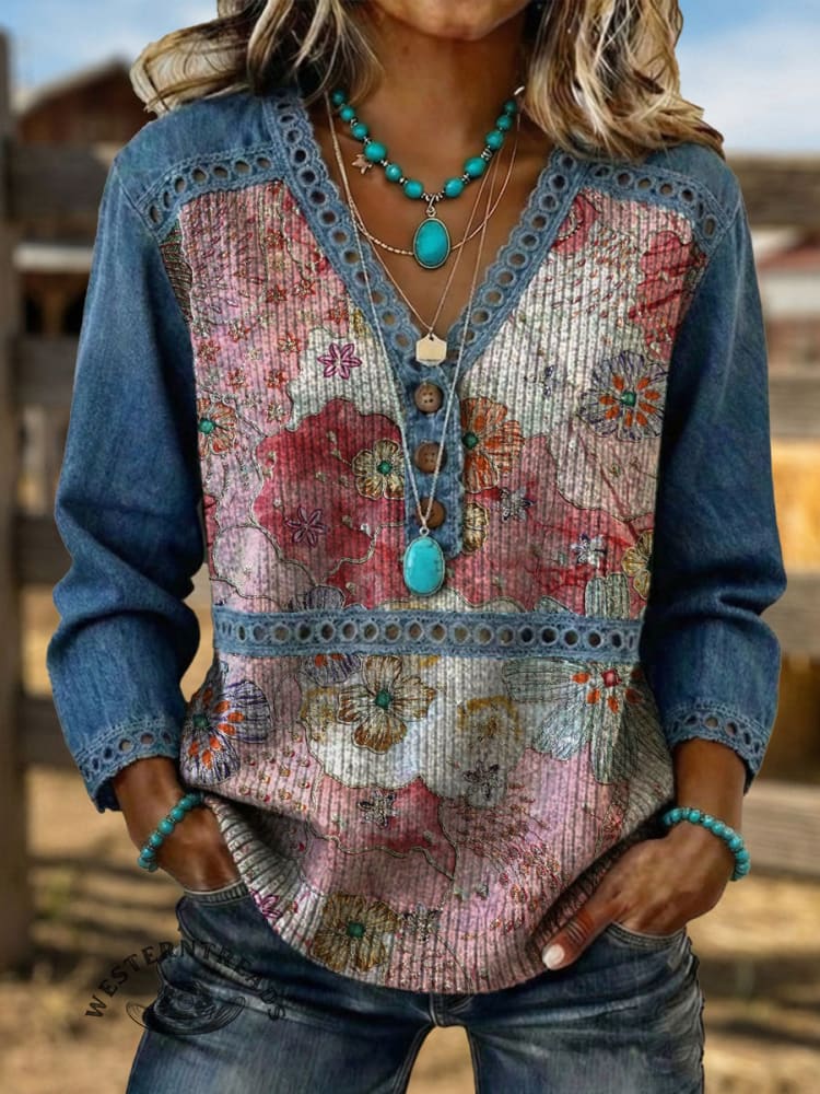 Vintage Art Hollowed Out Lace Patchwork Flowers Denim Shirt