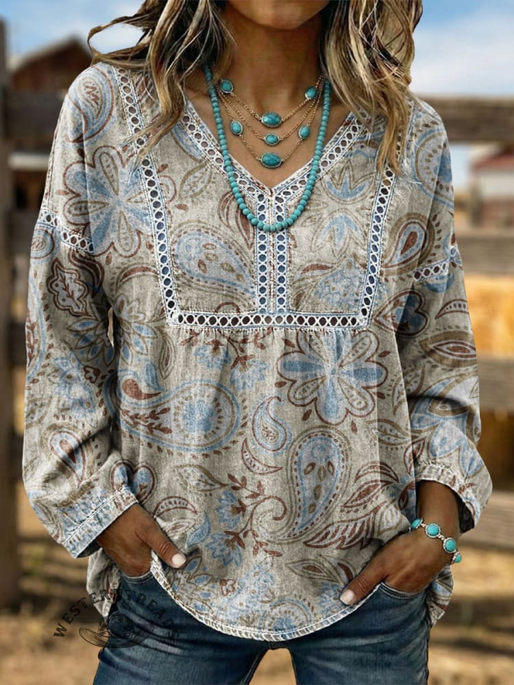 Vintage Art Hollow-Out Flowers Denim Shirt