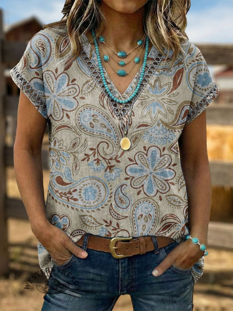 Vintage Art Hollowed Out Lace Patchwork Flowers Shirt