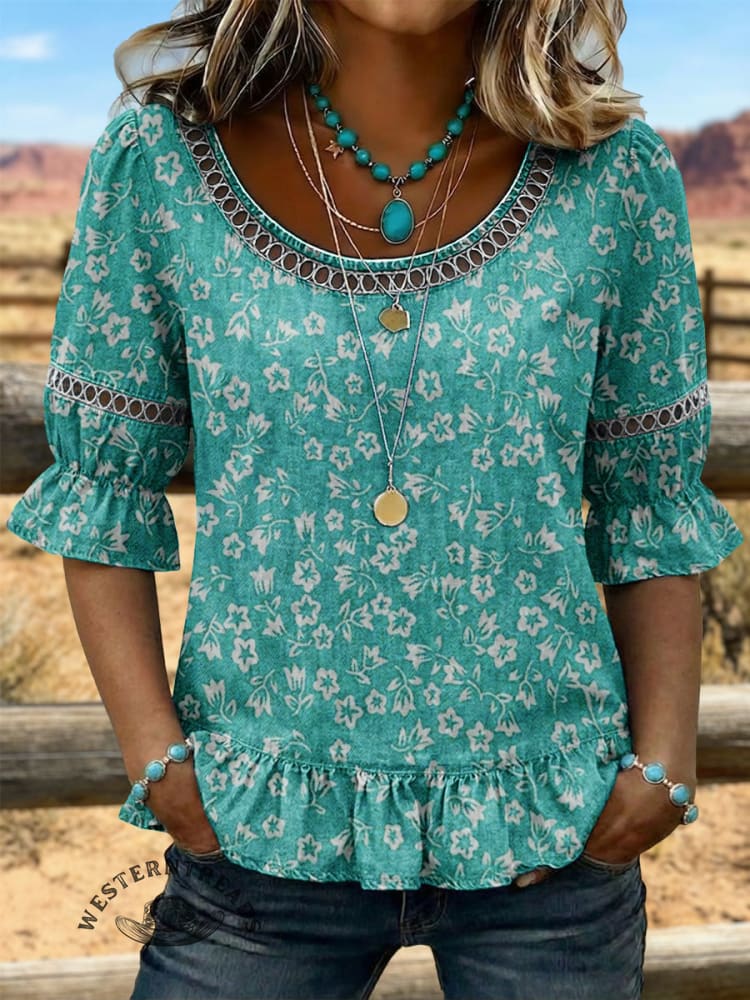 Vintage Art Hollowed Out Lace Patchwork Puff Sleeves Denim Shirt