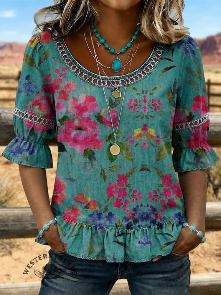 Vintage Art Hollowed Out Lace Patchwork Puff Sleeves Denim Shirt