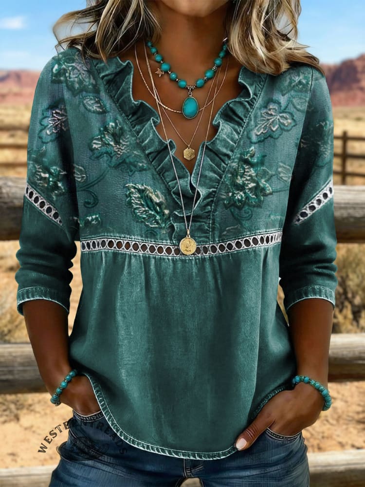 Vintage Art Hollowed Out Lace Patchwork Ruffles Flowers Denim Shirt