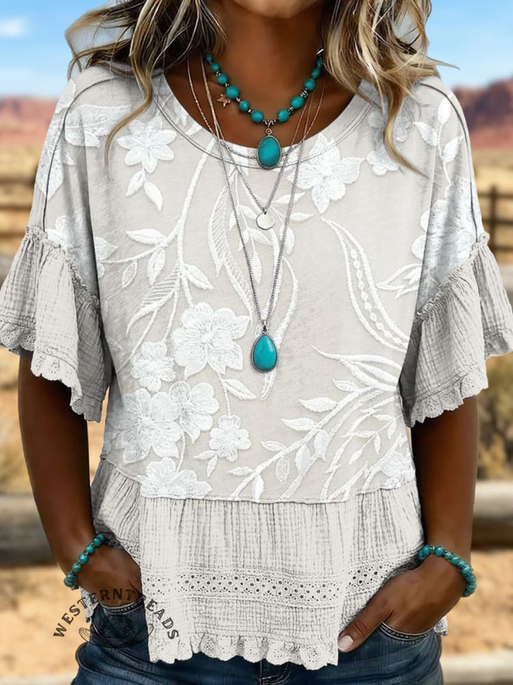 Vintage Art Hollowed Out Lace Patchwork T-Shirt
