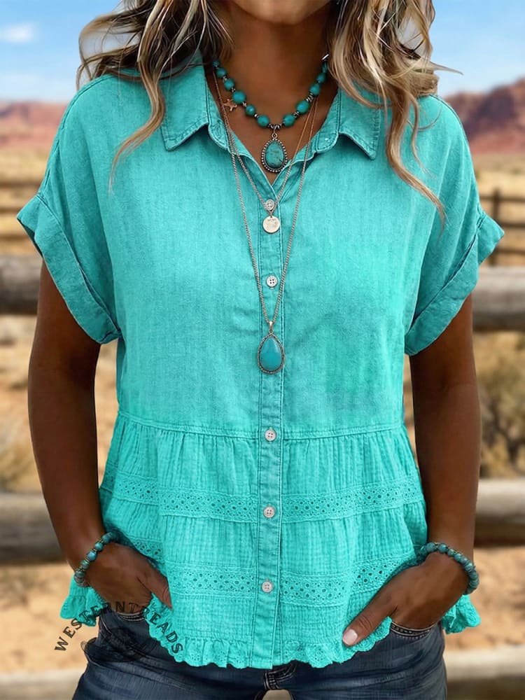 Vintage Art Patchwork Denim Lace Textured Ruffles Shirt