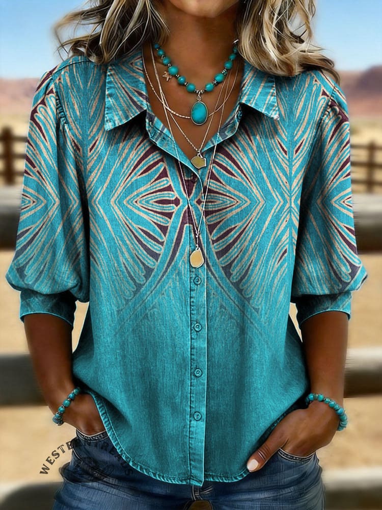 Vintage Art Print Casual Puff Sleeve Denim Shirt