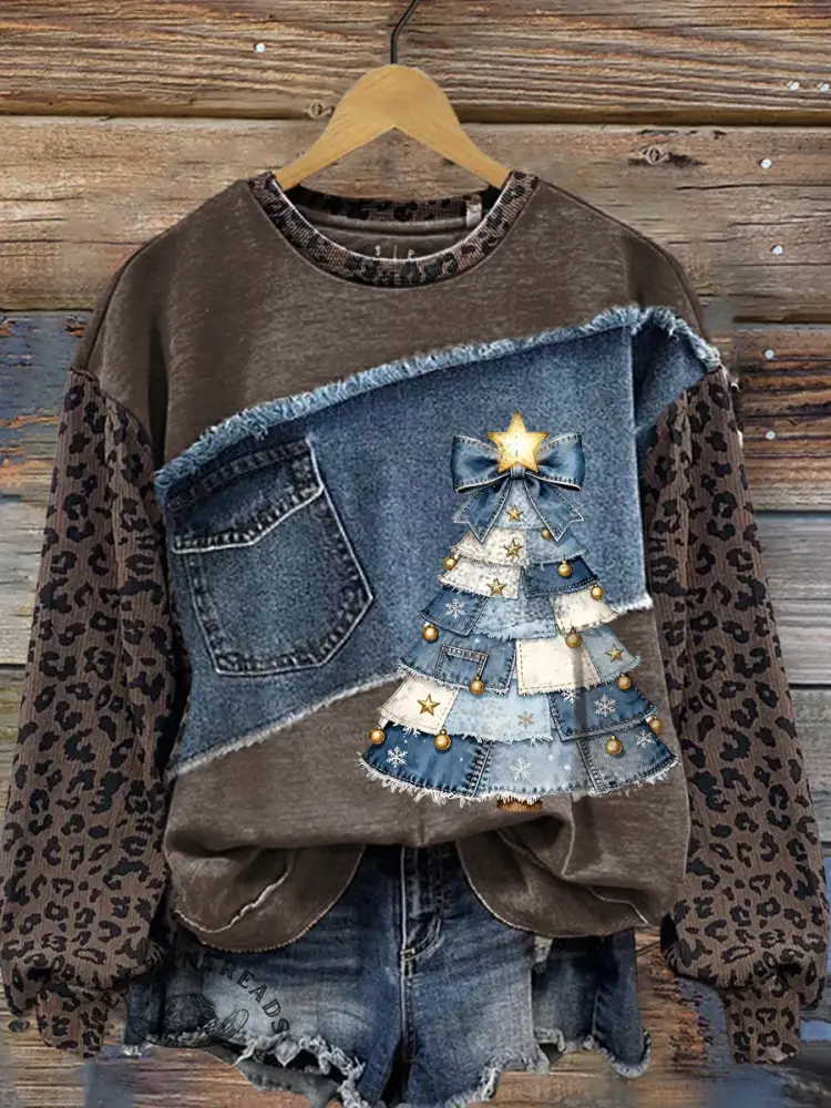 Vintage Art Print Patchwork Denim Leopard Print Christmas Sweatshirt