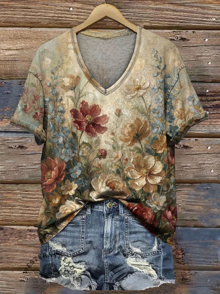Vintage Art Print V Neck T-shirt