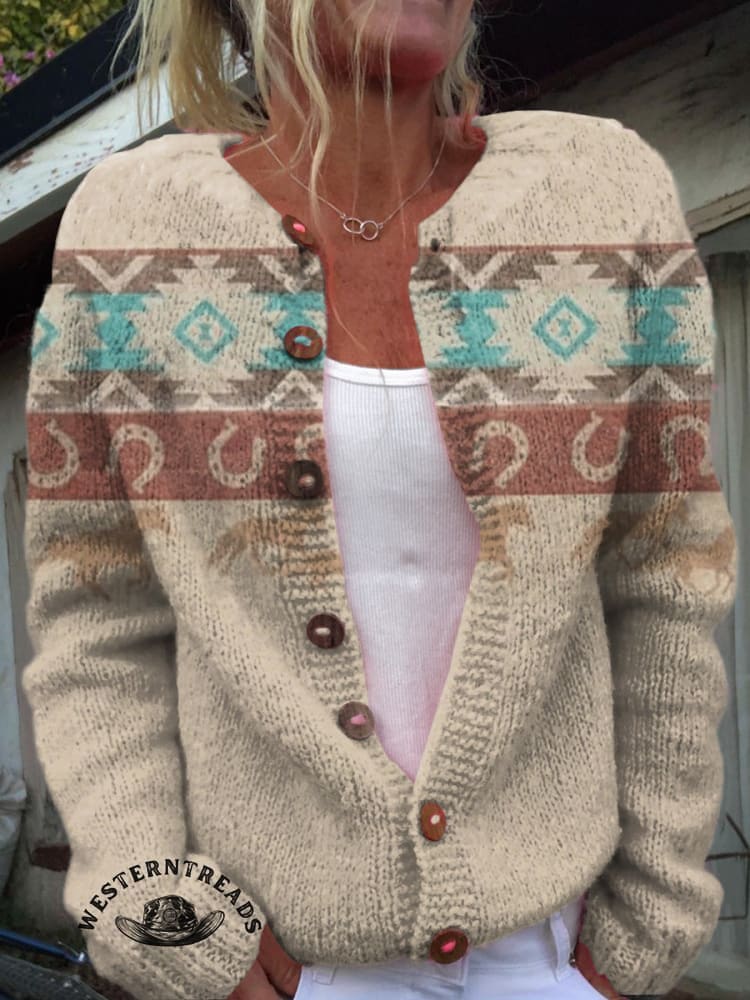Retro Aztec and Galloping Horses Casual Cotton Sweatshirt - Image 3
