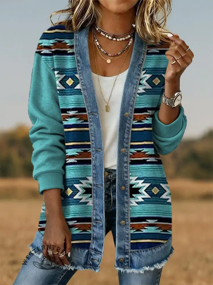 Vintage Aztec Art Print Casual Cotton Patchwork Denim Coat