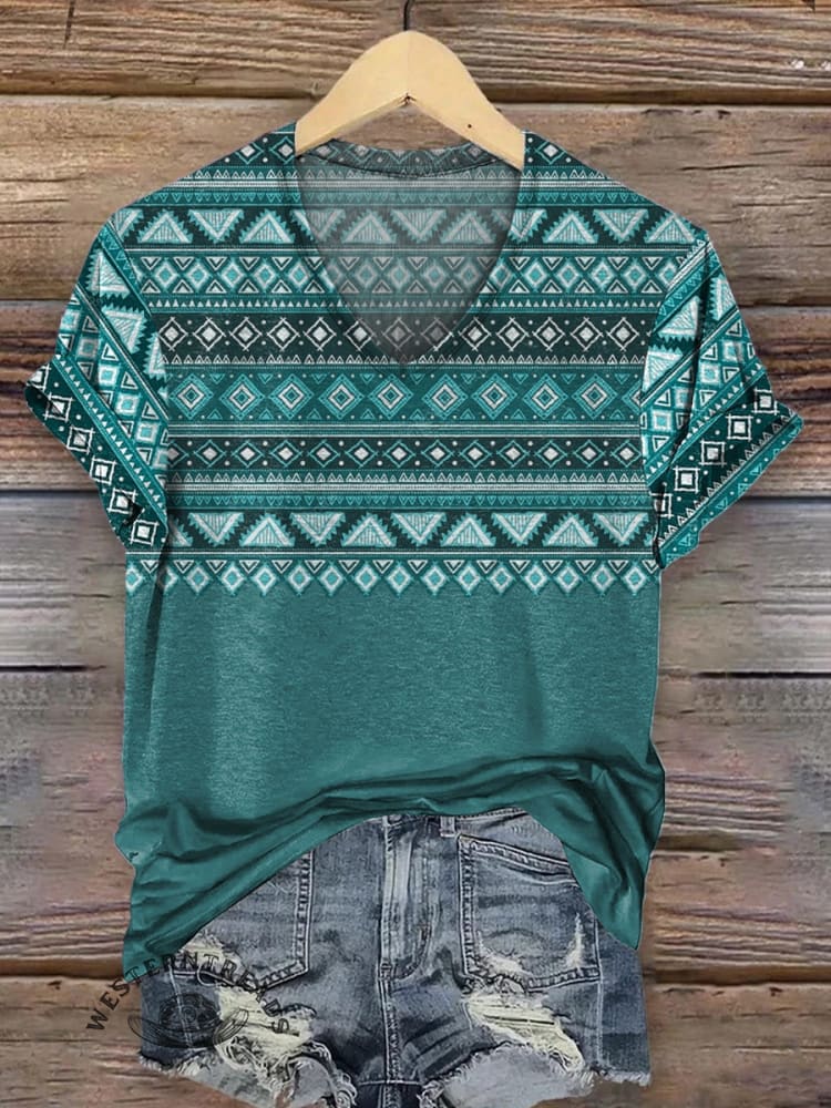 Vintage Aztec Art Print Crew Tee T-Shirt - Image 2
