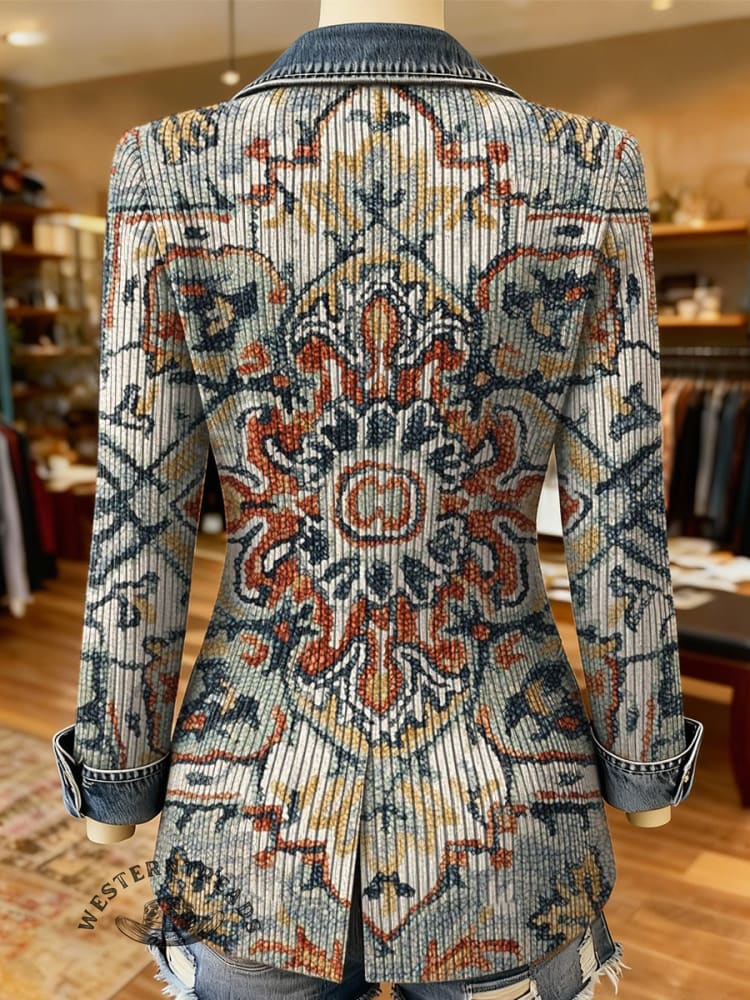 Vintage Aztec Art Print Patchwork Denim Cardigan Coat - Image 2