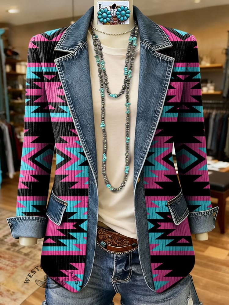 Vintage Aztec Art Print Patchwork Denim Cardigan Coat