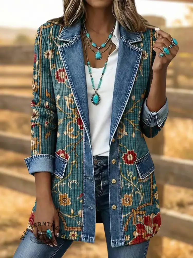 Vintage Aztec Art Print Patchwork Denim Coat