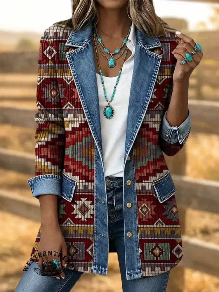Vintage Aztec Art Print Patchwork Denim Coat - Image 3