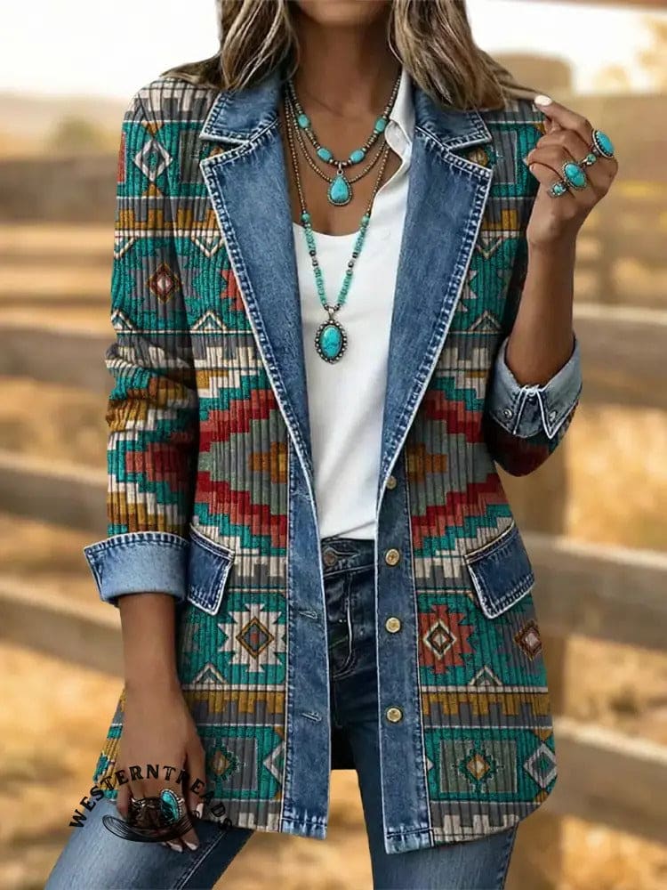 Vintage Aztec Art Print Patchwork Denim Coat - Image 4
