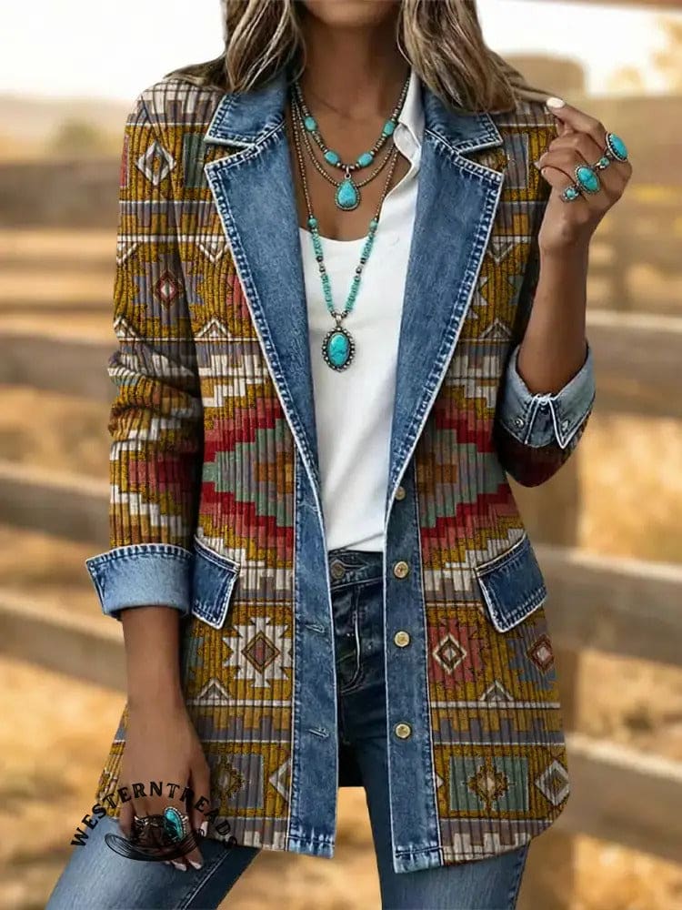 Vintage Aztec Art Print Patchwork Denim Coat - Image 5