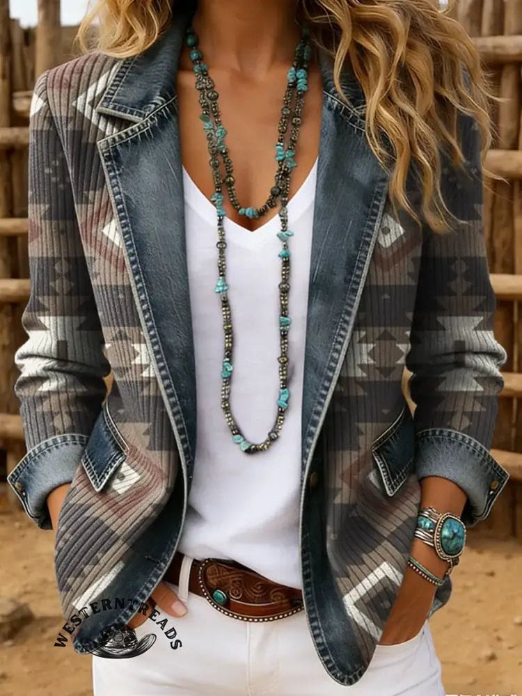 Vintage Aztec Art Print Patchwork Denim Sweater Cardigan Coat