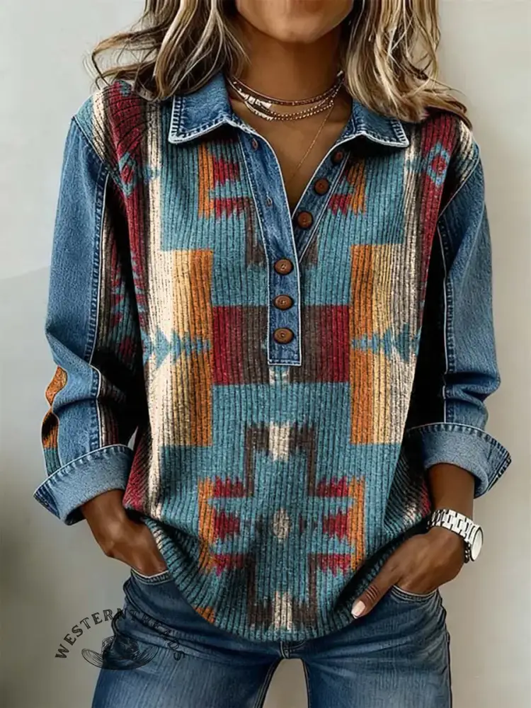 Vintage Aztec Contrast Print Patchwork Denim Knit Pullover Sweater