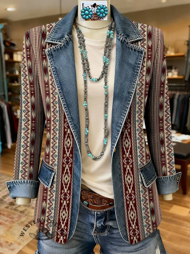 Vintage Aztec Print Patchwork Denim Sweater Cardigan Coat