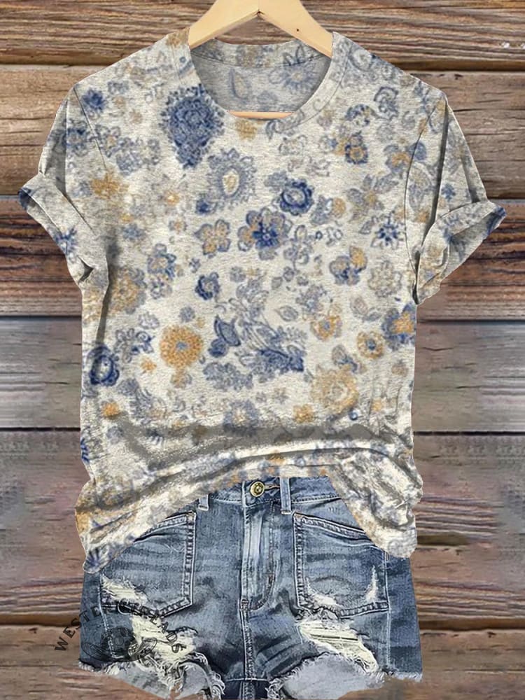Vintage Bohemian Floral Print Casual Round Neck Short Sleeve T-Shirt