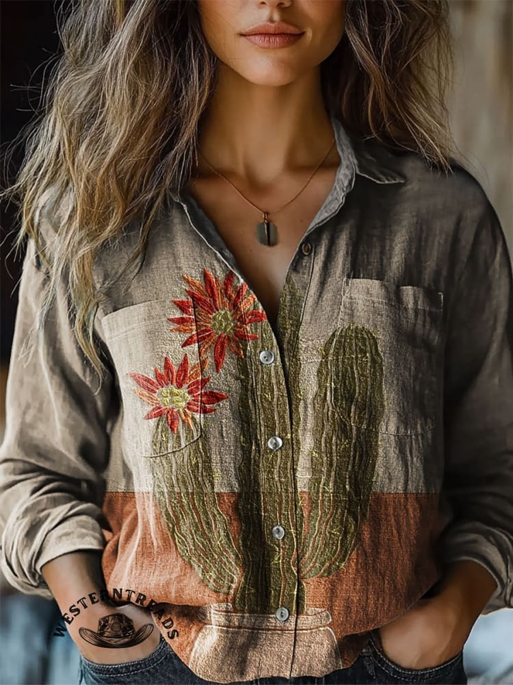 Vintage Cactus Art Print Casual T-shirt - Image 4