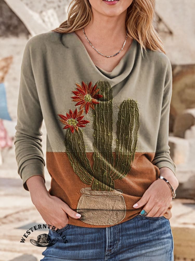Vintage Cactus Art Print Casual T-shirt - Image 5