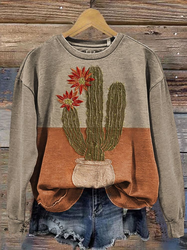 Vintage Cactus Art Print Casual T-shirt - Image 3