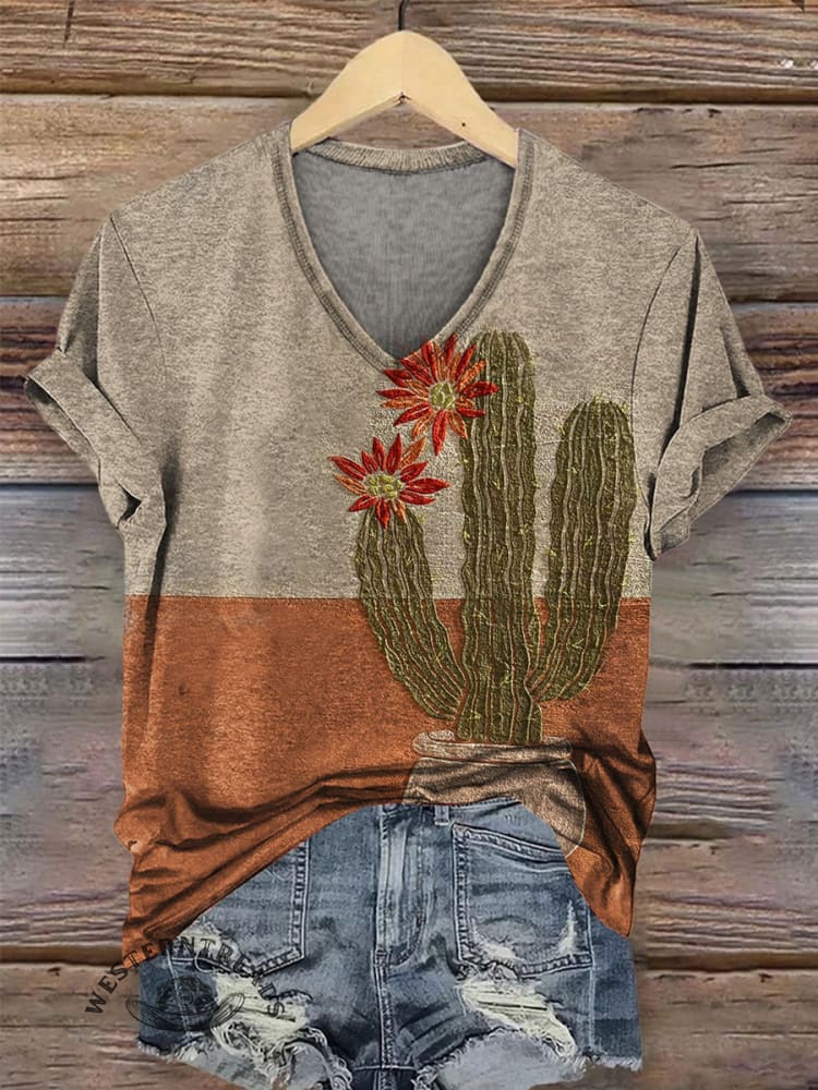 Vintage Cactus Art Print Casual T-shirt - Image 2