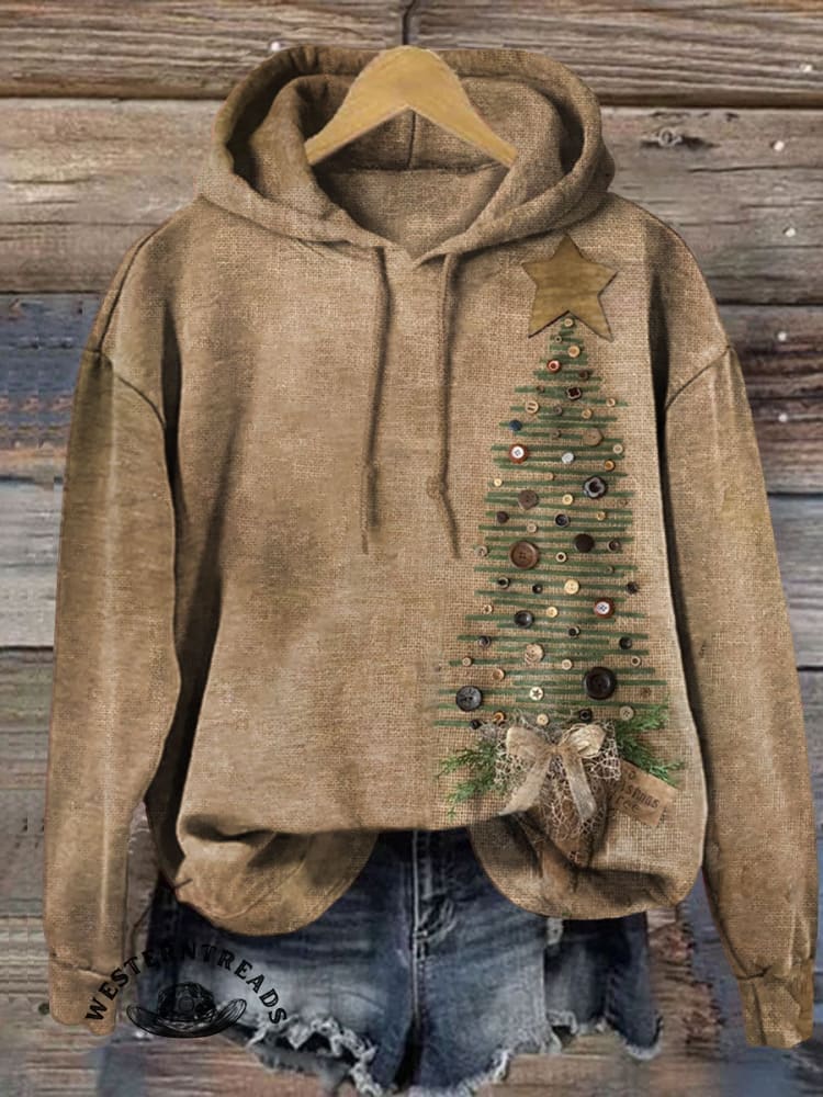 Vintage Christmas Tree Art Print Casual Cotton Sweatshirt - Image 2