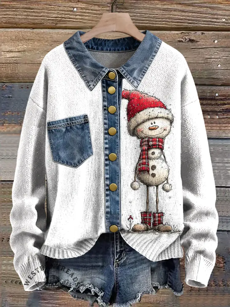 Vintage Christmas Contrast Print Patchwork Denim Knit Pullover Sweater