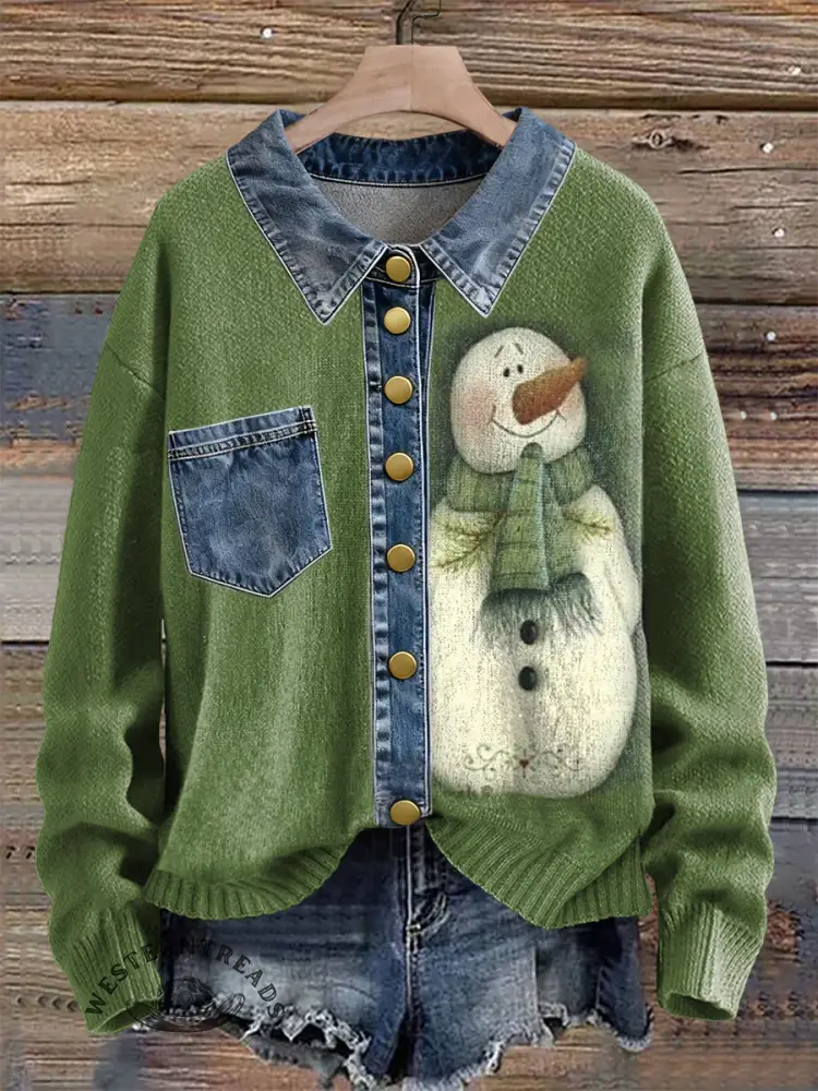 Vintage Christmas Contrast Print Patchwork Denim Knit Pullover Sweater