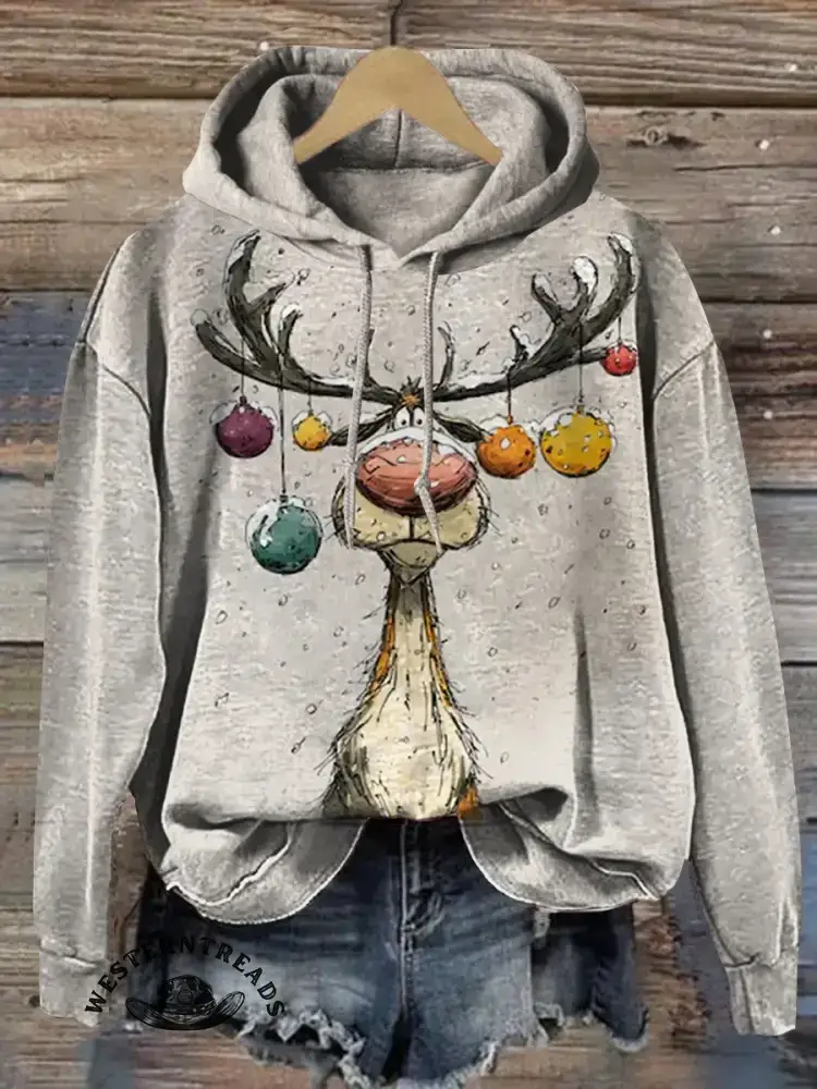 Vintage Christmas Elk Print Casual Sweatshirt - Image 3