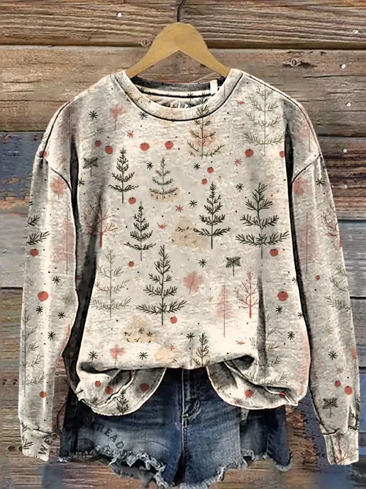 Vintage Christmas Floral Print Cotton Sweatshirt