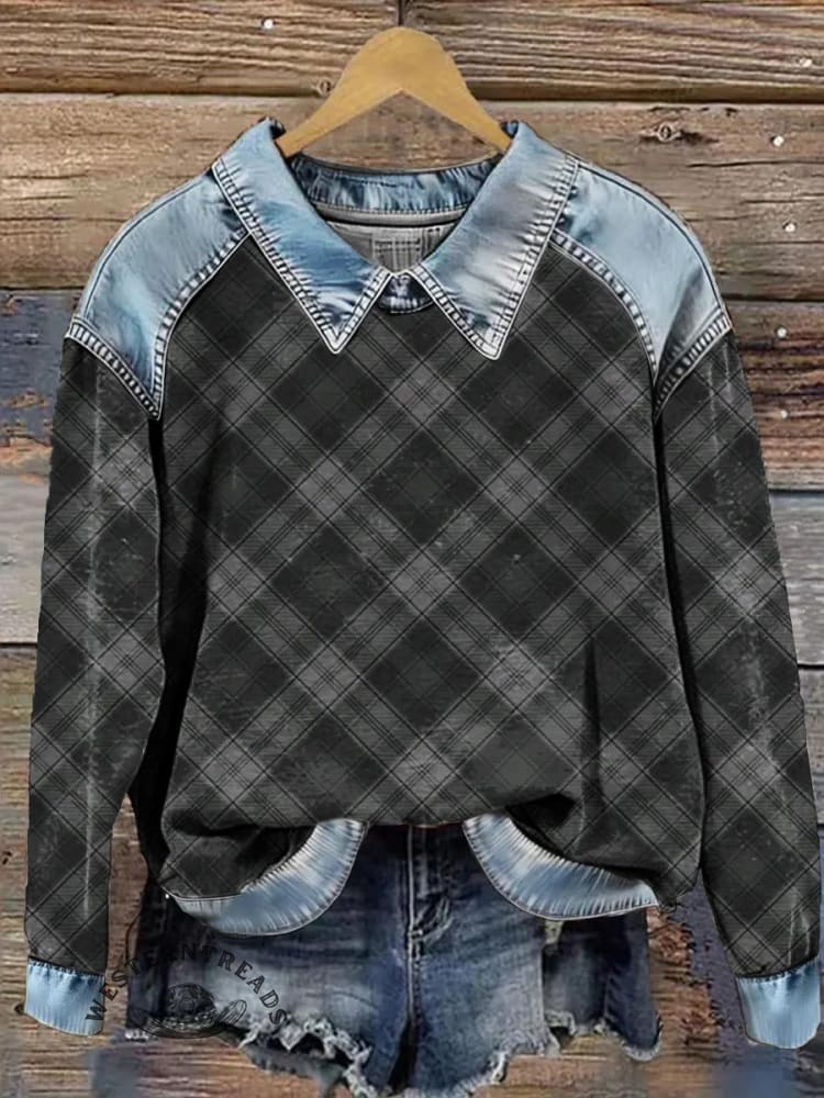 Vintage Christmas Plaid Print Patchwork Denim Sweatshirt