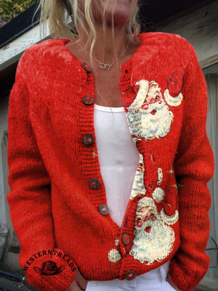 Vintage Christmas Santa Claus Print Buttoned Cardigan Sweater