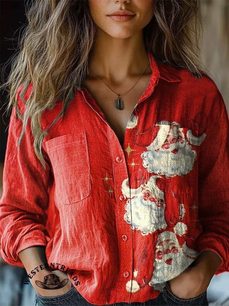 Vintage Christmas Santa Claus Print Casual Cotton Sweatshirt - Image 3