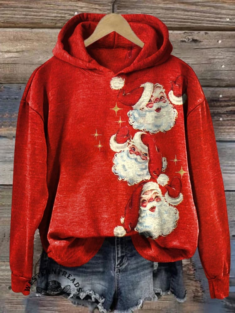 Vintage Christmas Santa Claus Print Cotton Casual Hoodie Sweatshirt