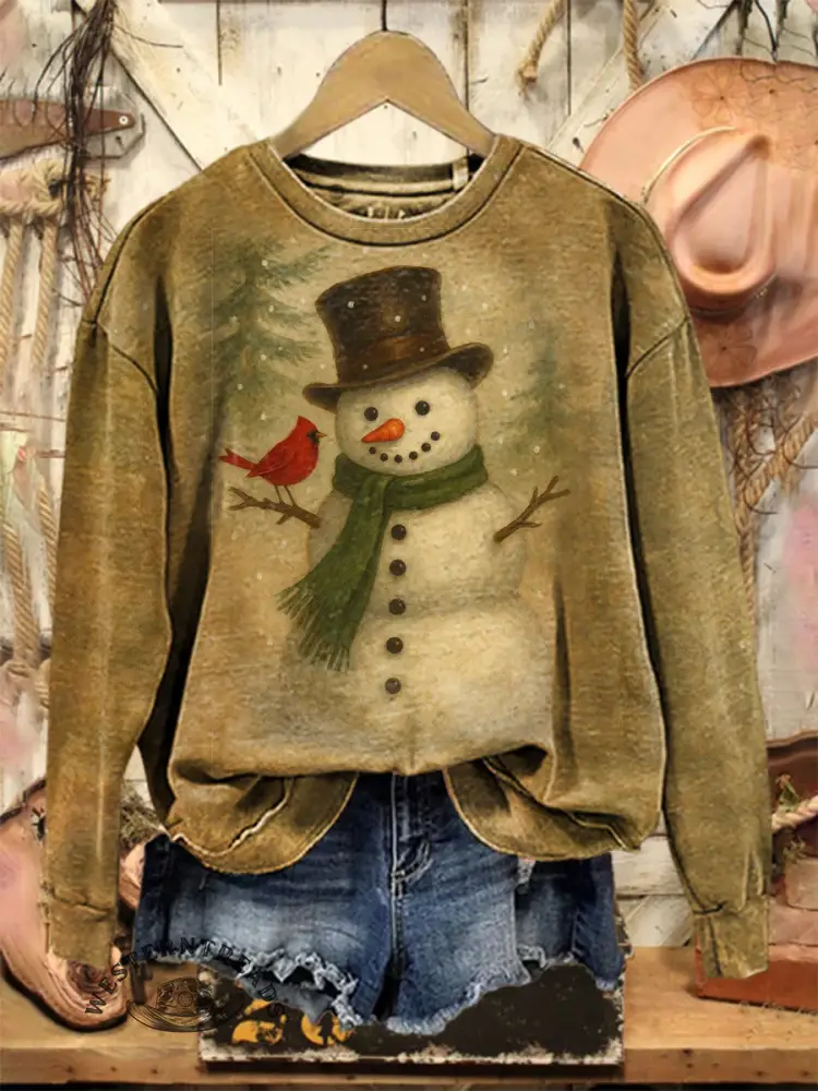 Vintage Christmas Snowman Print Casual Cotton Sweatshirt