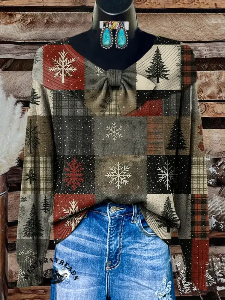 Vintage Christmas Tree Print Casual Cotton Sweatshirt - Image 5