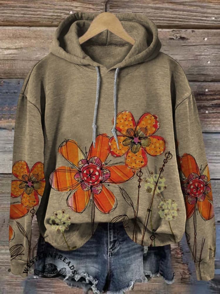 Vintage Classic Simple Flower Art Print Casual Cotton Sweatshirt - Image 3