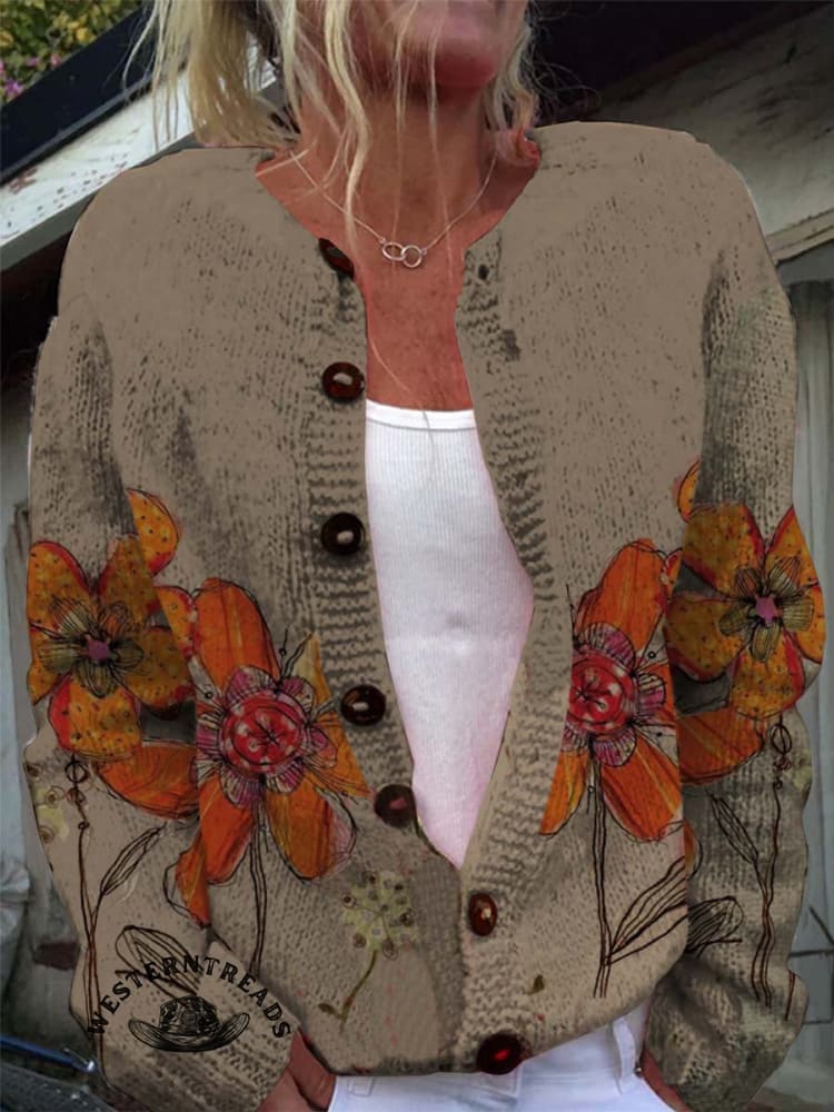 Vintage Classic Simple Flower Art Print Casual Cotton Sweatshirt - Image 6