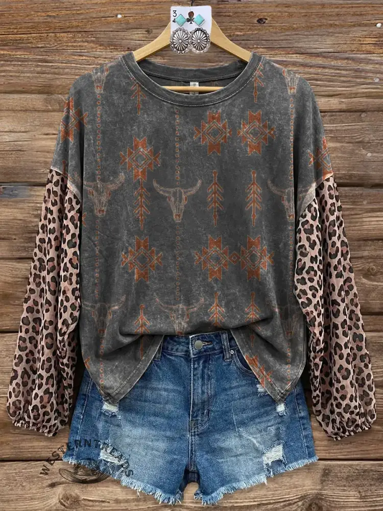 Vintage Contrast Print Chiffon Leopard Print Patchwork T-shirt Top - Image 2