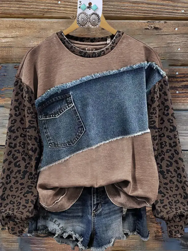 Vintage Contrast Print Patchwork Denim Leopard Print Christmas Sweatshirt - Image 2