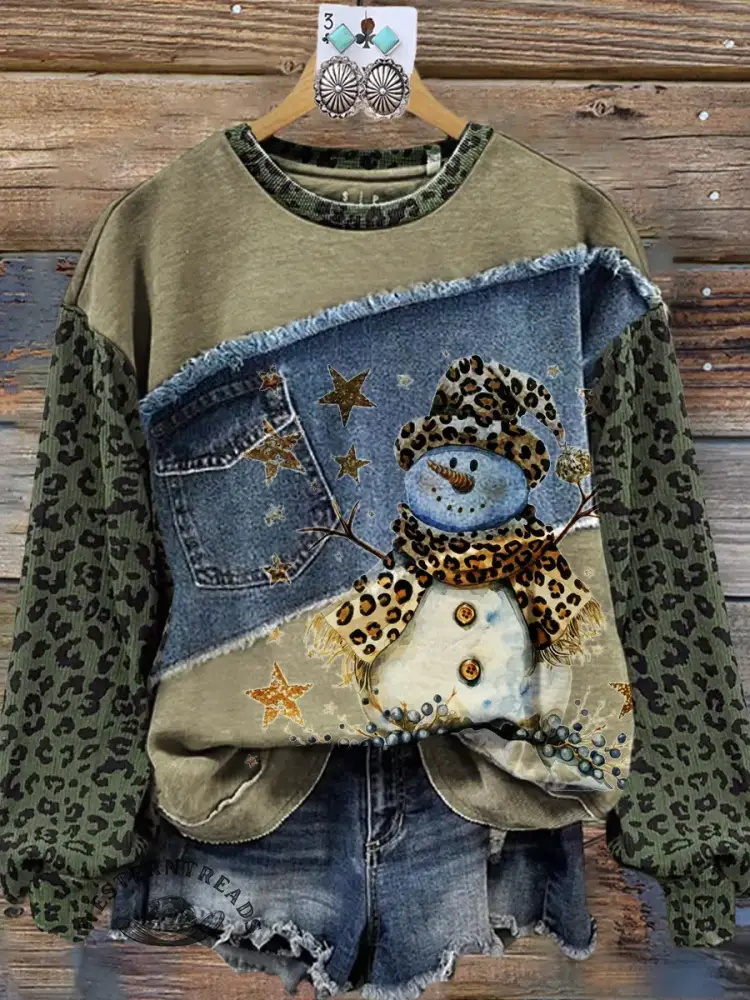 Vintage Contrast Print Patchwork Denim Leopard Print Christmas Sweatshirt - Image 3