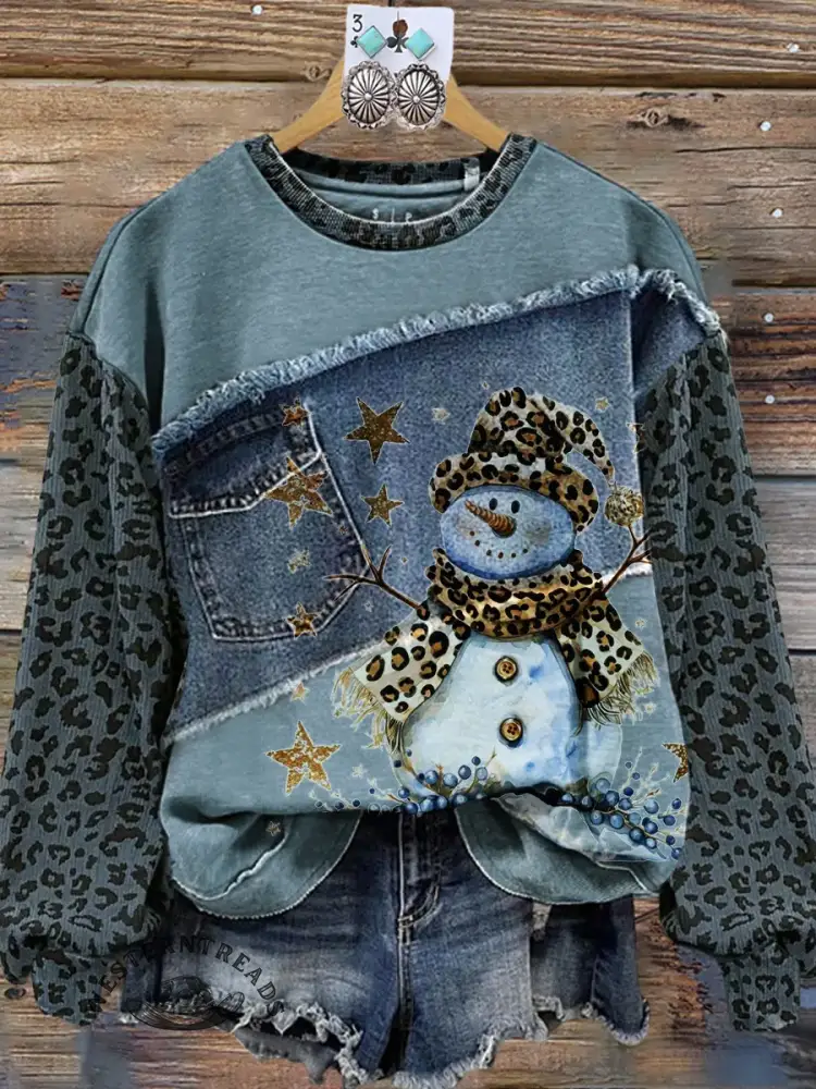 Vintage Contrast Print Patchwork Denim Leopard Print Christmas Sweatshirt - Image 4