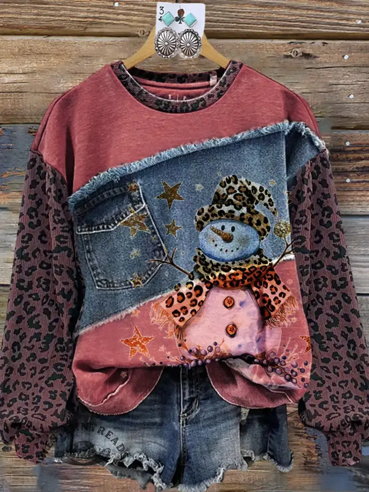 Vintage Contrast Print Patchwork Denim Leopard Print Christmas Sweatshirt - Image 5