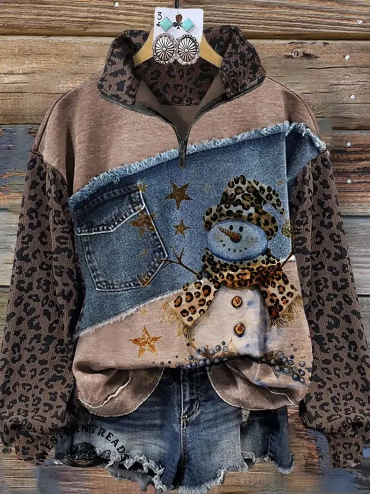 Vintage Contrast Print Patchwork Denim Leopard Print Christmas Sweatshirt - Image 6